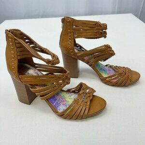 Madden Girl Womens Sandal High Stacked Heel Brown Zip Ankle Strap Open Toe 9.5